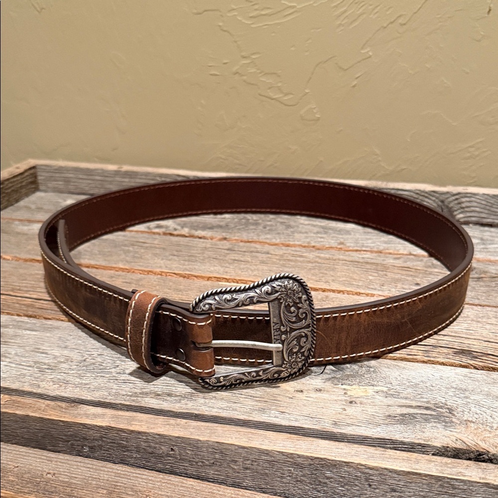 Ariat Brown Leather Belt with Ornate Silver Buckle